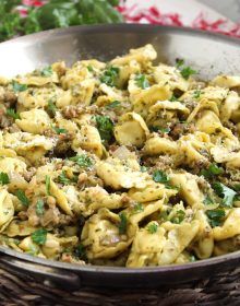 Skillet Tortellini with Sausage and Pesto - The Suburban Soapbox Skillet Tortellini, Tortellini With Sausage, Dinner Skillet, Meaty Meals, Pesto Tortellini, Vidalia Onion, Sausage Tortellini, Easy To Cook Meals, Tortellini Recipes