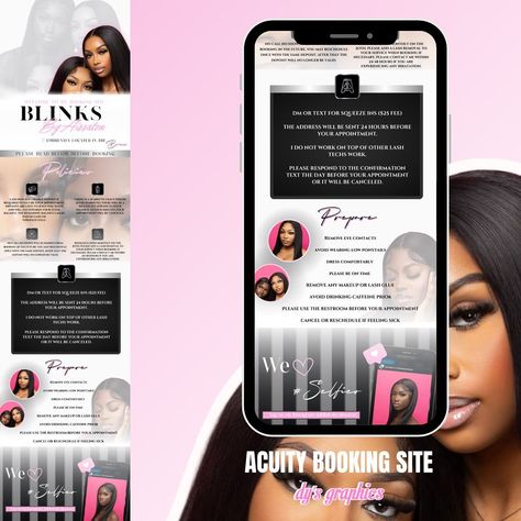 I haven’t designed one of these in a while, but here’s my latest practice custom Acuity booking site for @blinksbyaissatou 🩷. I loved incorporating this girly vibe, and her content really brought the design to life. DM me today to get your own Acuity booking site designed. Please provide clear and high-quality content. ✨ #dysgraphics #lashtech #bookingsite #template #etsytemplate #eyelashextensions #eyelashclusters #baddie #explore #webdesign #contentcreator #designinspiration Site Design Ideas, Booking Site Design, Acuity Booking Site, Cluster Eyelashes, Booking Sites, Shopify Website, Website Banner, Quality Content, Web Banner