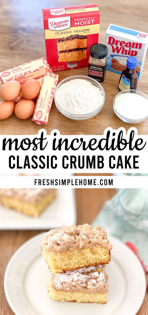 Crumb Cake From Box Cake, Yellow Cake Mix Crumb Cake, Crumb Cake Recipe Box Cake, Crumb Cake With Box Cake, Dream Whip Recipes, Dream Whip Cake Recipe, Box Cake Mix Cookies, Easy Crumb Cake Recipe, Easy Crumb Cake