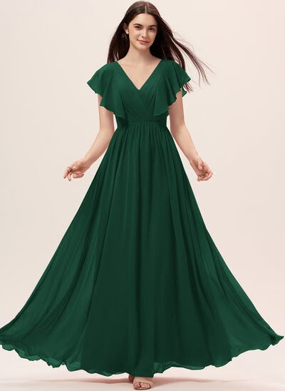 Long Green Dress With Sleeves, Long Green Dress Casual, Green Floor-length Bridesmaid Dress For Party, Green A-line Chiffon Dress, Green V-neck Chiffon Dress For Wedding, Green Floor-length Bridesmaid Dress, Bridesmaid Dress With Sleeves, Green Color Dress, Hunter Green Bridesmaid Dress