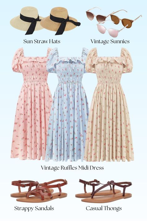 Step into summer with this effortlessly chic outfit idea! Featuring vintage ruffle midi dresses in soft floral prints, paired with timeless sun straw hats and vintage-inspired sunglasses for a dreamy summer vibe. Complete the look with comfy strappy sandals or casual thong flats for all-day elegance. Perfect for picnics, beach days, or strolls in the sun.🌸
*
The linked product is available in various colors to suit your style!🌻
*
Contains affiliate links. Thank you for supporting my content! ✨ Beach Vacation Outfits, Beach Fits, Effortlessly Chic Outfits, Summer Beach Outfit, Ruffle Midi Dress, Straw Hats, Beach Essentials, Soft Floral, Chic Outfit