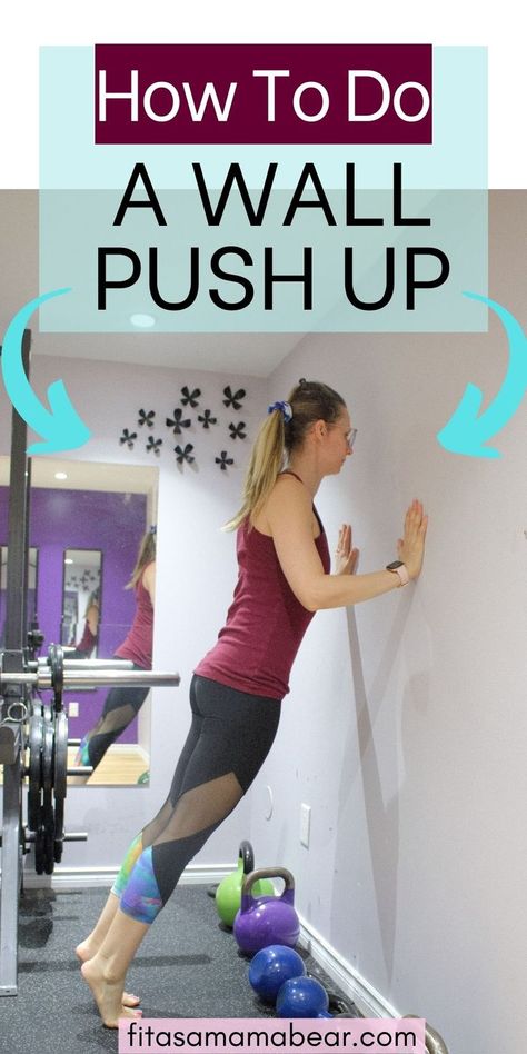 Use this step by step guide on how to do a wall push up and start putting them into your training program! Wall push ups are great for beginners and the first step towards your push up goals @fitasamamabear #pushups #fitness #exercise #fitnesstips Modified Push Up For Beginners, Wall Push Ups How To Do, How To Do Pushups, Push Up Beginner, Push Pull Workout, Wall Push Ups, Fitness Tips For Women, Push Up Challenge, Get Stronger