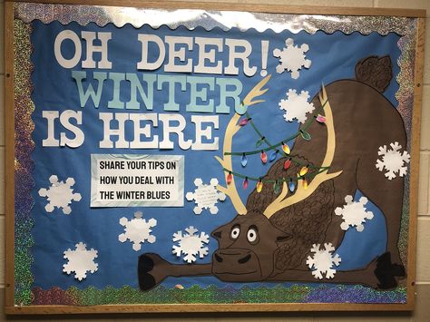 Winter bulletin board. Resident Assistant. Oh Deer! Winter is Here. Ra Board Ideas, December Bulletin Board Ideas, Cafeteria Bulletin Boards, December Bulletin Boards, Winter Bulletin Board, College Bulletin Boards, Ra Themes, Bulletin Boards Theme, Deer Winter