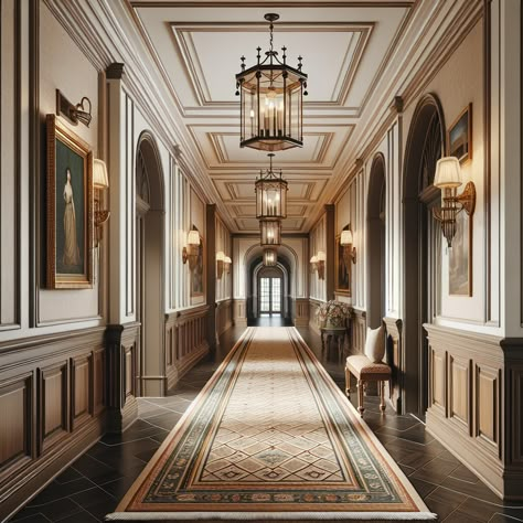 The hallway should exude an air of historical sophistication blended with contemporary sensibilities. It should feature subtle earth-toned color palettes, rich wooden architectural details like wainscoting, crown molding, chair rail, arched entrances and traditional lantern style lighting fixtures. Plush patterned runner rugs can dot the floor, while the walls can host period-appropriate artwork. Use this design to showcase how one can remodel a hallway into this style. Royal Hallway, Classic Corridor Design, Elegant Hallway, Apartment Building Hallway, Upstairs Hallway Ideas, Grand Hall, Open Living Room Design, Victorian Hallway, Hallway Design