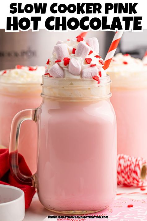 Headon view on Pink Hot Chocolate. Pink Hot Chocolate Recipe, Pink Hot Chocolate Crockpot, Spiked Crockpot Hot Chocolate Recipe, Pink Hot Chocolate Bar, Pink Hot Cocoa Bar, Pink Christmas Food, Pink Christmas Treats, Crockpot Beverages, Crockpot Cocoa