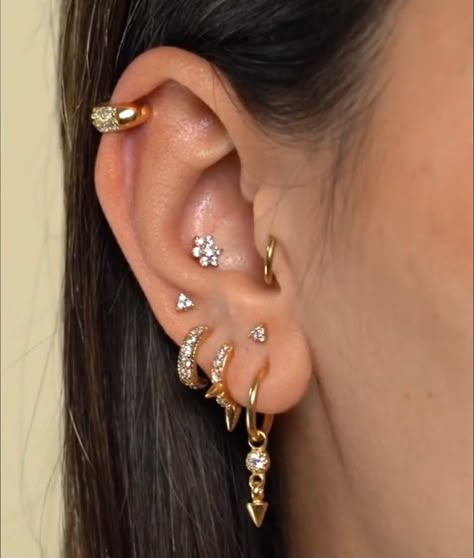 Stacked Lobe Ear Piercings, Ear Piercings Jewelry, Curated Ear Piercing, Stacked Lobe, Piercings Jewelry, Piercing Chart, Earrings Diamonds, Curated Ear, Cute Ear Piercings