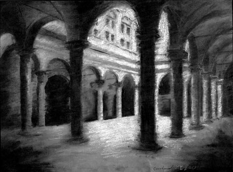 tone Charcoal Urban Sketch, Charcoal Architecture Drawing, Archway Drawing, Charcoal Architecture, Medici Florence, Chiaroscuro Painting, Drawing Black Background, Buildings Drawings, Lighting Drawing