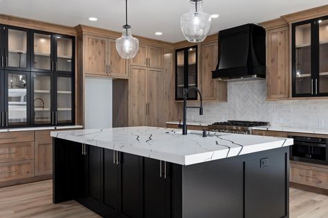 Custom Kitchen Cabinets Near Me | Black Pine Cabinets Black And Wood Kitchen Island, Black Island Wood Cabinets, Investing Property, Split Level Kitchen Remodel, House View, Pine Cabinets, Black Island, Black Kitchen Island, Aesthetic House