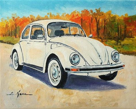 Mom Painting, Beetle Drawing, Vw Art, Vw Beetle Classic, Vw Vintage, Car Posters, Vw Bug, Art Inspiration Painting, Military Art