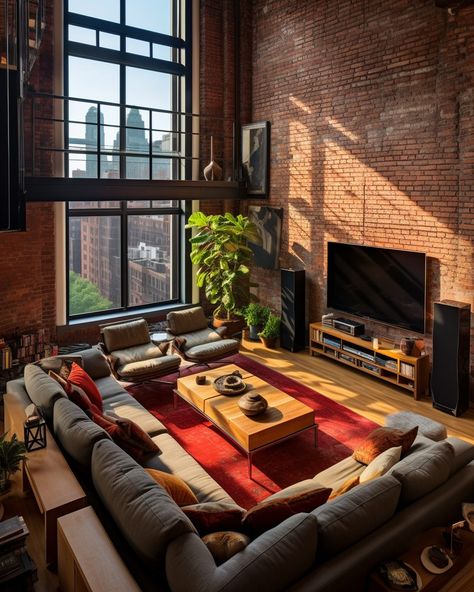 New York Red Brick Loft Interior Red Brick Living Room, New York Living Room, Loft Apartment Aesthetic, Appartement New York, New York Living, Nyc Rooms, Brick Living Room, Brick Room, Nyc Loft