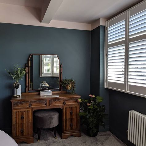 Dark Wood Victorian Bedroom, Blue And Dark Wood Bedroom, Farrow And Ball Inchyra Blue Bedroom, Petrol Blue Bedroom, Inchyra Blue Bedroom, Blue Victorian Bedroom, Dado Rail Bedroom, Tv Snug, Farrow And Ball Inchyra Blue