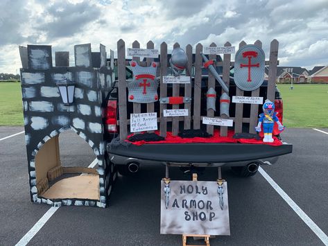 Knight Trunk Or Treat, Armor Of God Trunk Or Treat Ideas, Armor Of God Trunk Or Treat, Viking Trunk Or Treat, Armor Of God Costume, Homeade Halloween Costumes, Fall Festival Activities, Church Trunk, Halloween Car Decorations