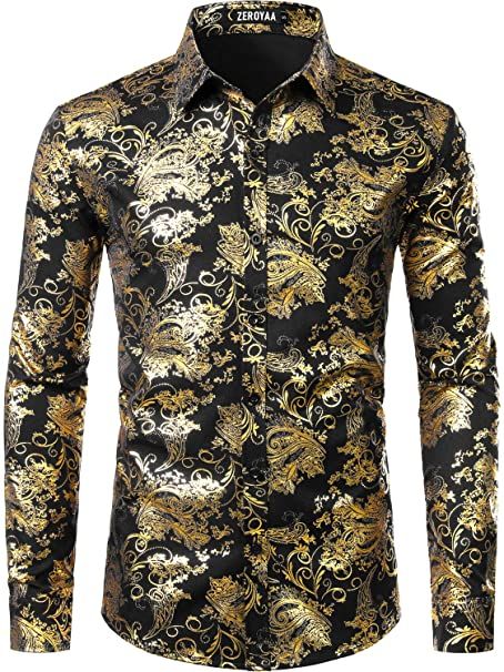 ZEROYAA Men's Luxury Paisley Gold Shiny Printed Stylish Slim Fit Button Down Dress Shirt at Amazon Men’s Clothing store Flower Print Shirt, Button Down Dress Shirt, Autumn Clothes, Loose Fitting Tops, Paisley Dress, Mens Luxury, Men Shirt Style, Long Sleeve Shirt Dress, Floral Shirt