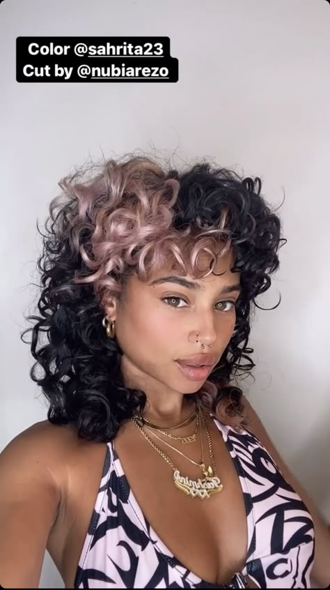 Fun Colors For Curly Hair, Skunk Stripe Short Curly Hair, Under Color Curly Hair, Peek A Boo Hair Curly, Curly Hair With White Streak, White Streak In Hair Curly, Fun Curly Haircut, Calico Curly Hair, Short Curly Colored Hair