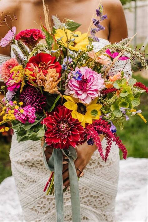 Wildflower-inspired wedding bouquet for summer - bright and boho wedding bouquet - See more summer bouquet ideas on WeddingWire! {Brightmoor Flower Farm} Summer Boho Wedding Flowers, Colorful Wedding Florals Summer, Colorful Boho Wedding Flowers, Wedding Themes Bright, Colorful Boho Wedding Decor, Bright Summer Wedding Bouquets, Boho Wedding Colorful, Wedding Summer Flowers, Bright Flower Bouquets