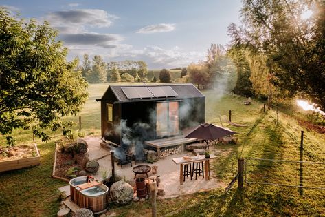 We used GridFree solar panels which provides enough energy to run a small fridge, the lights throughout the cabin and to charge a phone. Tiny Cabin Kitchen, Canopy Camping, Eco Construction, Small Fridge, Pretty Ugly, Hawaii House, New Zealand Landscape, French Country House Plans, Off Grid Cabin