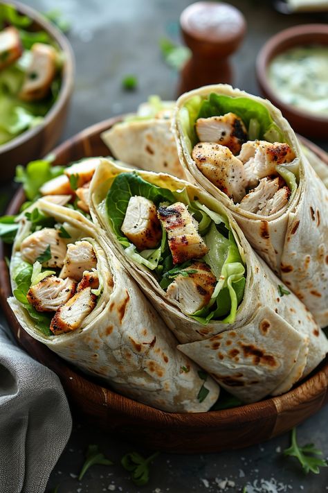 Grilled chicken wraps with fresh lettuce and sauce in a wooden bowl. Chicken Ceaser Wraps Recipe, Caesar Chicken Wrap, Chicken Caesar Wrap Recipe, Chicken Caesar Salad Wraps, Caesar Salad Wrap, Chicken Caesar Wrap, Roasted Root Veggies, Caesar Chicken, Lunch Wraps