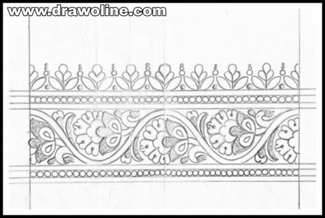 Saree Border Drawing, Saree Border Designs Drawing, Border Drawing Ideas, Simple Flower Border, Flower Border Drawing, Saree Border Designs, Border Drawing, Hand Work Saree, Saree Borders