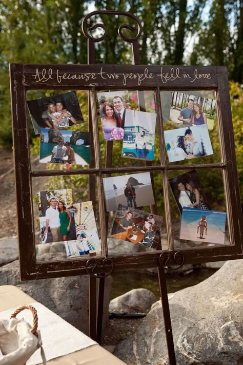 This idea is for using at a wedding reception, but I think it would also look great as home decor. Wedding Photo Display, Rehearsal Dinner Decorations, Dinner Decoration, People Fall In Love, Old Windows, Wedding Rehearsal, Here Comes The Bride, Rehearsal Dinner, A Sign