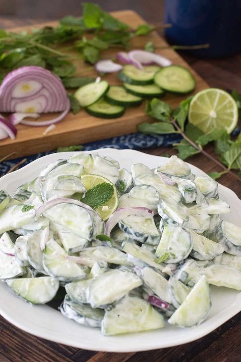 Cucumber Mint Salad - TheCookful Cucumber Mint Salad, Mint Salad Recipes, Greek Sauce, Creamed Cucumbers, Tzatziki Recipes, Homemade Tzatziki, Creamy Dressing, Mint Salad, Mint Sauce