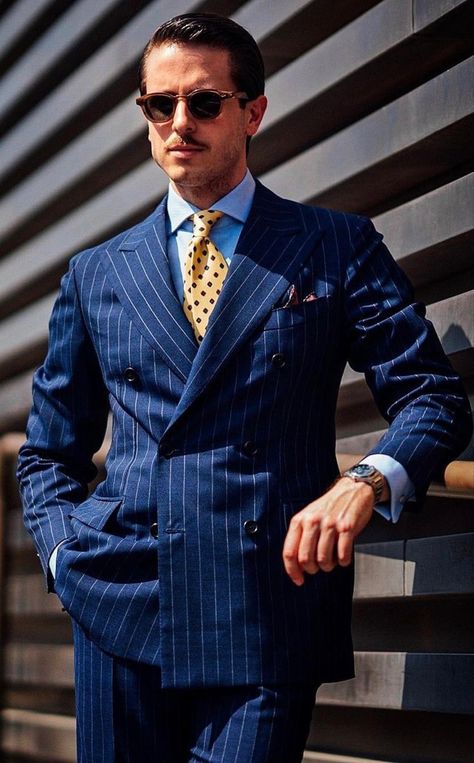 Double Breasted Pinstripe Suit, Blue Striped Suit, Man Closet, Double Breasted Suit Men, Blue Pinstripe Suit, Stylish Mens Suits, Lawyer Fashion, Classy Suits, Dress Suits For Men