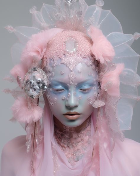 MP: jade o'leary model for'shauna giddy', in the style of extravagant imagination, ritualistic masks, light pink and light indigo, franciszek starowieyski, made of crystals, poignant portraits, mars ravelo --ar 51:64 Candy Makeup Artist, Extravagant Makeup, Pink Futuristic, Goddess Core, Candy Makeup, Makeup Icons, Rave Makeup, Magical Makeup, Unique Makeup