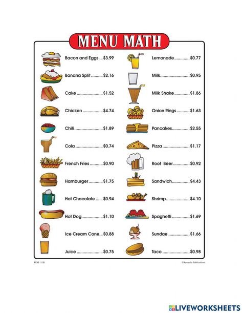 Diner Room, Menu Math, Ordering Decimals, Free Printable Menu, Number Bond, Senior Football, Math Interactive, Printable Menu, 2nd Grade Worksheets