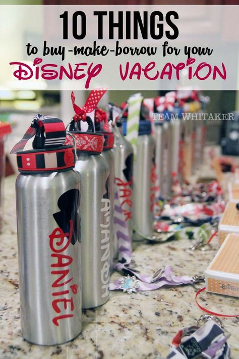 10 ideas for things you can buy, make or borrow for your trip - from water bottles to ponchos, this list has it all. Diy Disney World Ideas, Disney Surprise Box Ideas, Disney World Crafts, Disneyland 2024, Disneyland Backpack, Nella The Princess Knight, Disneysea Tokyo, Vacation Board, Disney Camping