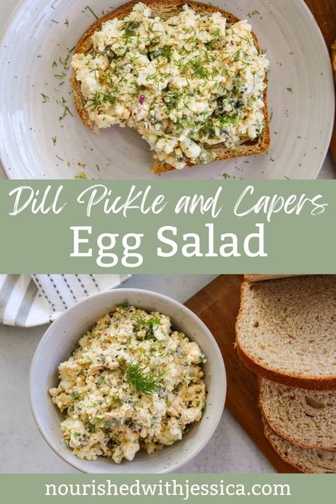 The Best Dill Pickle and Capers Egg Salad Recipe - Nourished with Jessica Egg Salad Healthy, Egg Salad With Dill, Creamy Egg Salad, Crunchy Pickles, Salad Low Carb, Meal Prepping For The Week, Dill Recipes, Pickled Eggs, Egg Salad Sandwiches