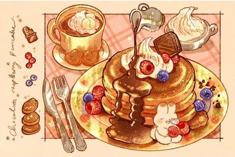 Chocolate Pancake, Japanese Food Illustration, Food Illustration Design, Chibi Food, Food Doodles, 귀여운 음식 그림, Foodie Art, Food Artwork, Kawaii Cooking