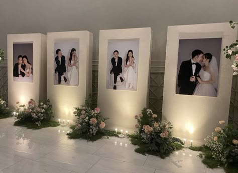 Wedding Picture Display At Reception, Wedding Photo Display At Reception, Event Entrance Decor, Wedding Photo Decor, Photo Wall Wedding, Light Blue Weddings, Wedding Foyer, Wedding Ceremony Stage, White Romantic Wedding