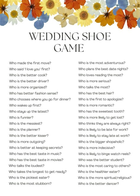 This is a fun game to play at a wedding featuring the couple on their special day! A great way to entertain guests and provide a memorable experience for everyone. Allows all to get a chance to get to know the couple in a natural way. The PDF is printable and cannot be edited but if you are interested in an editable version, feel free to message me. The instructions are included in the PDF. Shoe Games For Wedding, Wedding Games With Guests, Party Games For Wedding Reception, Wedding Game For Guest, Wedding Reception Games For Couple, Wedding Activities For Guests Games, Shoe Game Anniversary Questions, Wedding Shoe Game Signs, Best Wedding Games