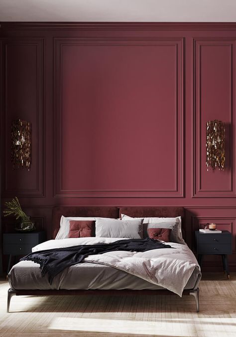 Cranberry Wall Color, Burgundy Room Ideas Bedrooms, Burgundy Room, Burgundy Bedroom, Masculine Bedroom Decor, Eclectic Bedroom Design, Ford Pinto, Wooden Bed Design, Eclectic House