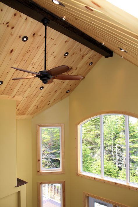 Distinctive Interiors - Appearance Grade T&G Pine on Vaulted Ceiling with Custom Solid Pine Window Casings Wood Cabin Ceiling, Pine Ceilings Vaulted, Half Vaulted Ceiling Bedroom Ideas, T And G Ceiling, Yellow Pine Ceiling, Knotty Pine Ceiling Living Rooms, Pine Ceiling Vaulted, Pine Windows, Pine Wood Ceiling