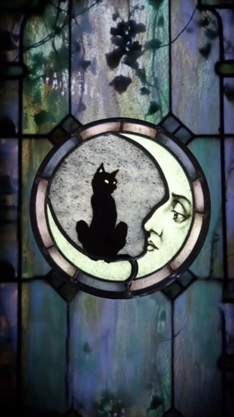 Stained glass moon with a cat Window Wallpaper Iphone, Glass Wallpaper Iphone, Stained Glass Wallpaper Iphone, Stained Glass Window Wallpaper, Whimsigoth Lockscreen, Whimsigoth Wallpaper, Stained Glass Wallpaper, Window Wallpaper, Glass Wallpaper