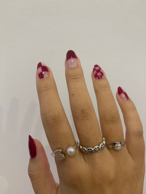 Burgundy Checkered Nails, Red Checker Nails, Red Nails With Accent Nail, Fall Checkered Nails, Red Checkered Nails, Music Nail Art, Goth Valentines, Goth Girlfriend, Boring Nails