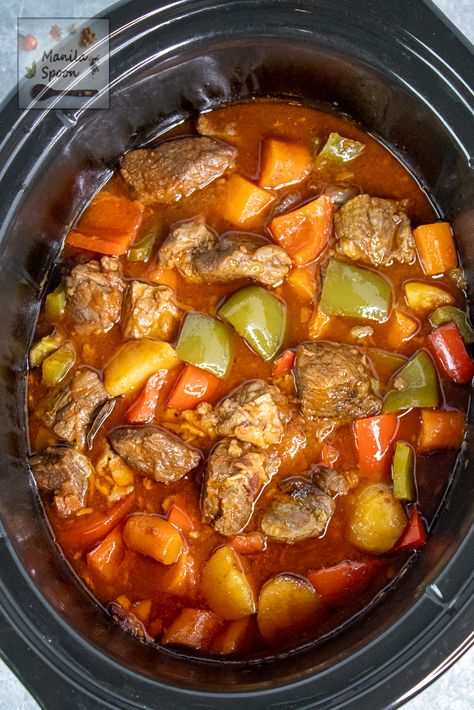 Slow Cooker Beef Mechado - Manila Spoon Manila Spoon Recipes, Beef Mechado Recipe, Mechado Recipe, Filipino Beef Stew, Beef Mechado, Beef Caldereta, Menudo Recipe, Spaghetti With Ground Beef, Guatemalan Recipes