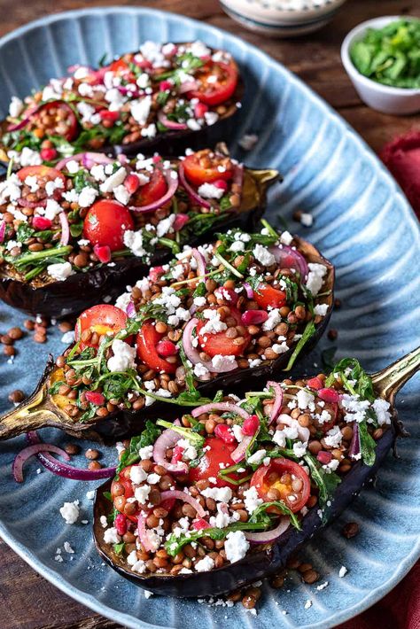 Meditteranean Meals, Sumac Dressing, Vegetarian Dinner Recipes, Lentil Salad Recipes, Eggplant Recipes Easy, Vegetarian Mains, Stuffed Eggplant, Eggplant Salad, The Mediterranean Dish