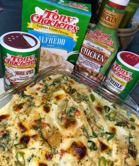 Creole Chicken Alfredo Stuffed Shells | Tony Chachere's Cajun Stuffed Shells, Creole Chicken, Alfredo Stuffed Shells, Chicken Alfredo Stuffed Shells, Chicken Stuffed Shells, Cajun Chicken Alfredo, Jumbo Pasta Shells, Dump Meals, Stuffed Shells Recipe