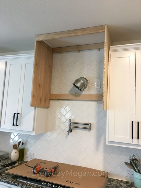 Diy Oven Hood Wood, Diy Faux Range Hood, Diy Wood Hood Vent Cover, Faux Vent Hood Over Microwave, Diy Kitchen Hood, Diy Hood Vent Cover, Diy Vent Hood, Vent Hood Cover, Custom Vent Hood