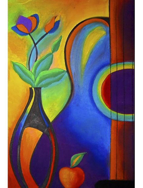 Modern Art Oil Pastels, Oil Pastel Modern Art, Impressionism Art Easy Oil Pastel, Easy Still Life Painting, Music Painting Canvas, Oil Pastel Colours, Music Painting, Oil Pastel Art, Oil Pastel Drawings