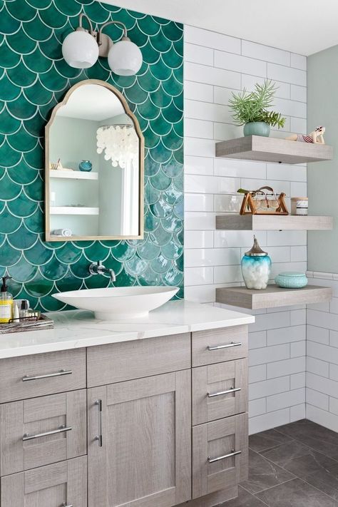 Fish Scale Tile Bathroom, Unique Bathroom Tiles, Mermaid Tile, Moroccan Fish Scale Tile, Moroccan Fish Scale, Teal Tile, Beach Style Bathroom, Ceramic Tile Bathrooms, Mercury Mosaics