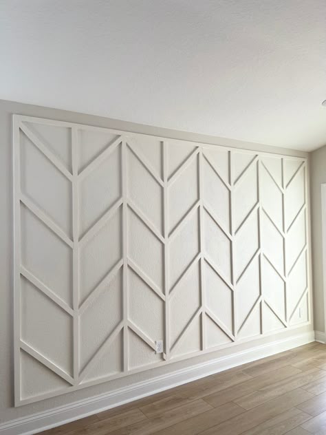 Trim Wall Design, Unique Wall Design, Herringbone Accent Wall, Trim Wall, Dining Room Accent Wall, Herringbone Wall, Wall Moulding, Accent Wall Designs, Room Accent Wall