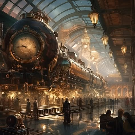 Fantasy Train Station Concept Art, Futuristic Train Concept Art, Magic Train Fantasy Art, Steampunk Train Art, Train Fantasy Art, Fantasy Train Station, Train Station Concept Art, Space Train Station, Steam Punk Train