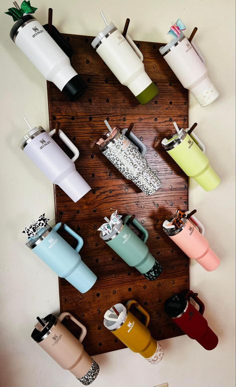 I love this cute peg board for Stanley storage and display! Tumbler Display, Wings Sculpture, Drink Display, Recycled Water Bottles, Trendy Water Bottles, Cute Coffee Cups, Plastic Water Bottles, Bottle Display, Light Sculpture