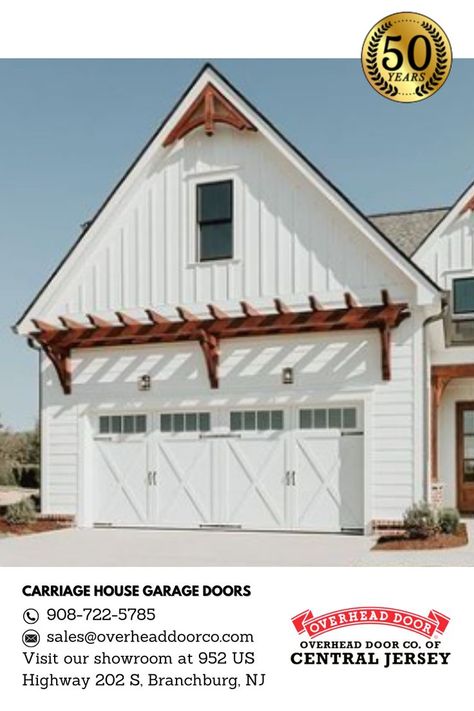 Carriage House Garage Door Replacement New Jersey, Barn Garage Doors, Overhead Doors One Garage Door That Looks Like Two, White Carriage Garage Doors, Wood Above Garage Door, Corbels Over Garage Door, Farmhouse Garage Door Ideas, Pergola Above Garage Door, Pergola Over Garage Door, Garage Barn Doors, Garage Pergolas