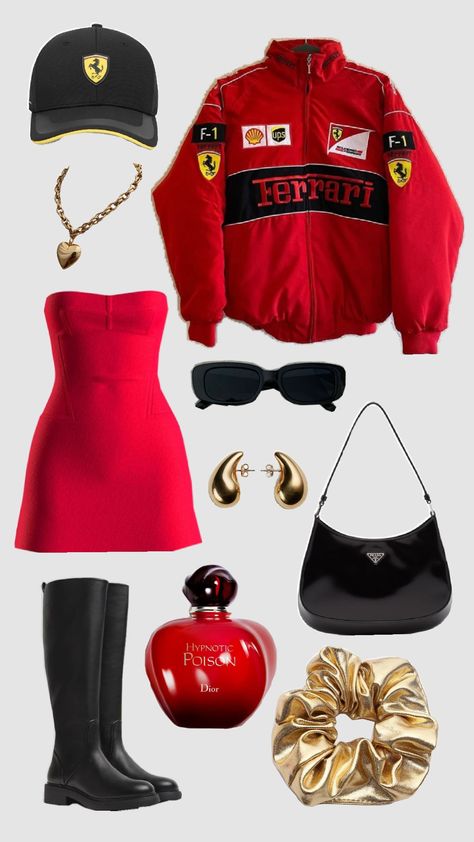 #F1 #Ferrari #outfit Vegas Grand Prix Outfit, Formula 1 Jacket Outfit, Las Vegas Grand Prix F1 Outfit, F1 Las Vegas Outfit, F1 Fashion Women, F1 Girl Outfit, Ferrari Girl Outfit, F1 Inspired Outfits, Ferrari Jacket Aesthetic