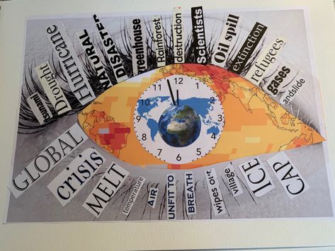 Featuring global warming, earth, domesday clock and the impact on us Globalization Poster Making, Global Warning Posters Ideas Drawing, Globalization Collage, Collage About Globalization, Global Environmental Issues Poster, Project Cover Page, Journal Lettering, Map Background, Oil Spill