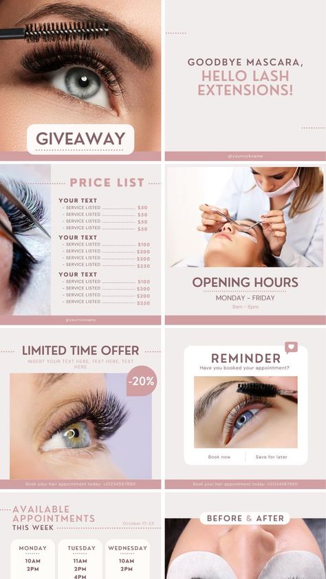 Lash Tech Instagram Post, Lash Template Instagram Beige and Pink, Lash Content Instagram, Lash Post Templates, Lash Tech Instagram Post Ideas Eyelash Promotion Ideas, Lash Extension Advertising Ideas, Eyelash Extension Content, Lash Tech Ig Post, Lash Extension Social Media Post, Lash Tech Instagram Templates, Eyelash Decor, Garden Rock Border, Instagram Feed Planner