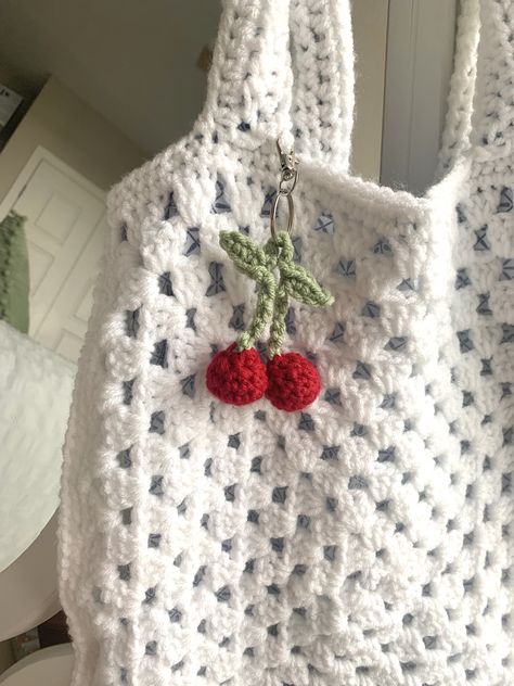 Handmade fully lined crochet granny square tote bag with a crochet cherry keychain attached Cherry Granny Square, Crochet Cherry Keychain, Crochet Granny Square Tote Bag, Cherry Keychain, Granny Square Tote Bag, Crochet Cherry, Granny Square Tote, Crochet Plushies, Ottawa Canada